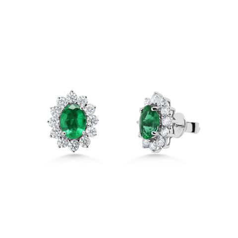 18ct Gold Oval Cut Emerald Cluster Earrings